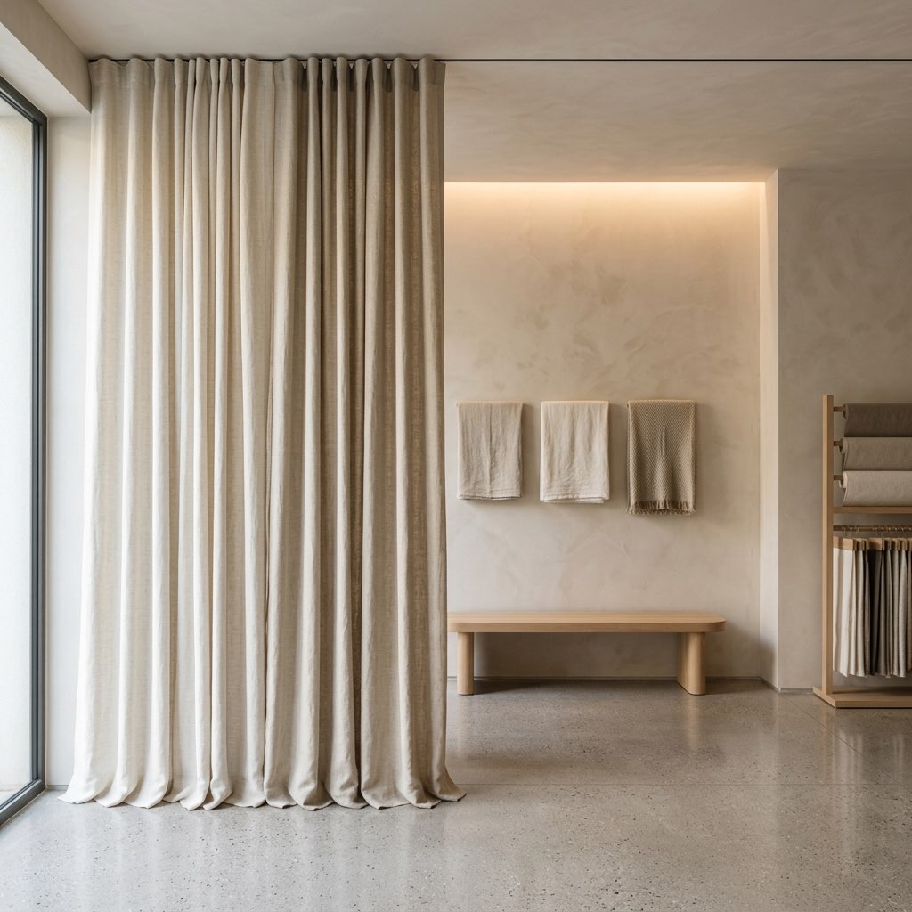 Living room with upholstered furniture and curtains