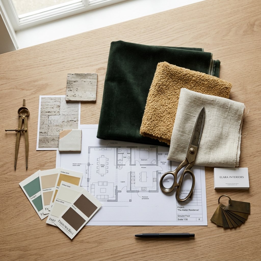 Desk with fabric samples and drawings